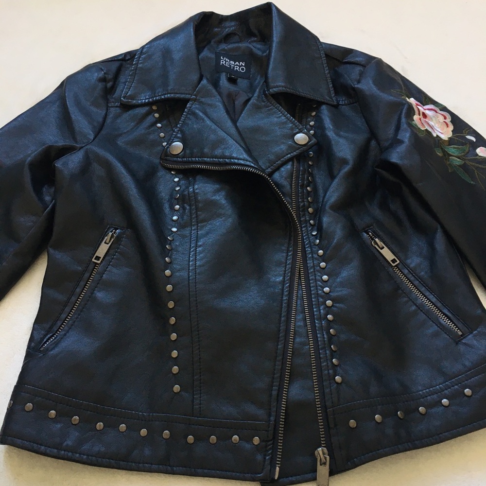 SOLD!! Black Studded Leather Jacket w/ Floral Embroidery - Picture 5 of 10